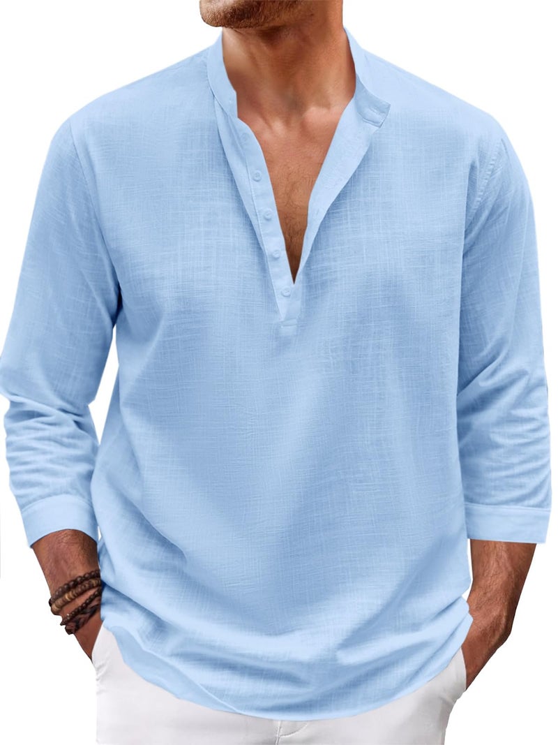 Karlywindow Mens Linen Henley Shirts Long Sleeve Hippie Yoga Summer Beach Casual Henleys T-Shirt Blue - Image 1